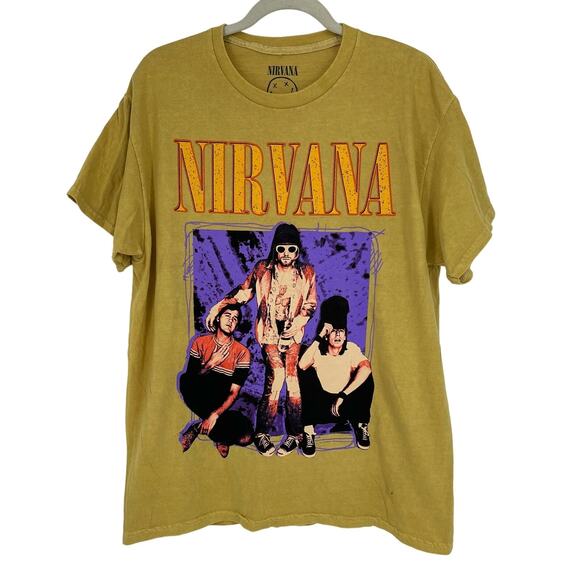 Officially Licensed Nirvana Grunge Tee Yellow Acid Wash Large Vintage Style - Picture 1 of 6